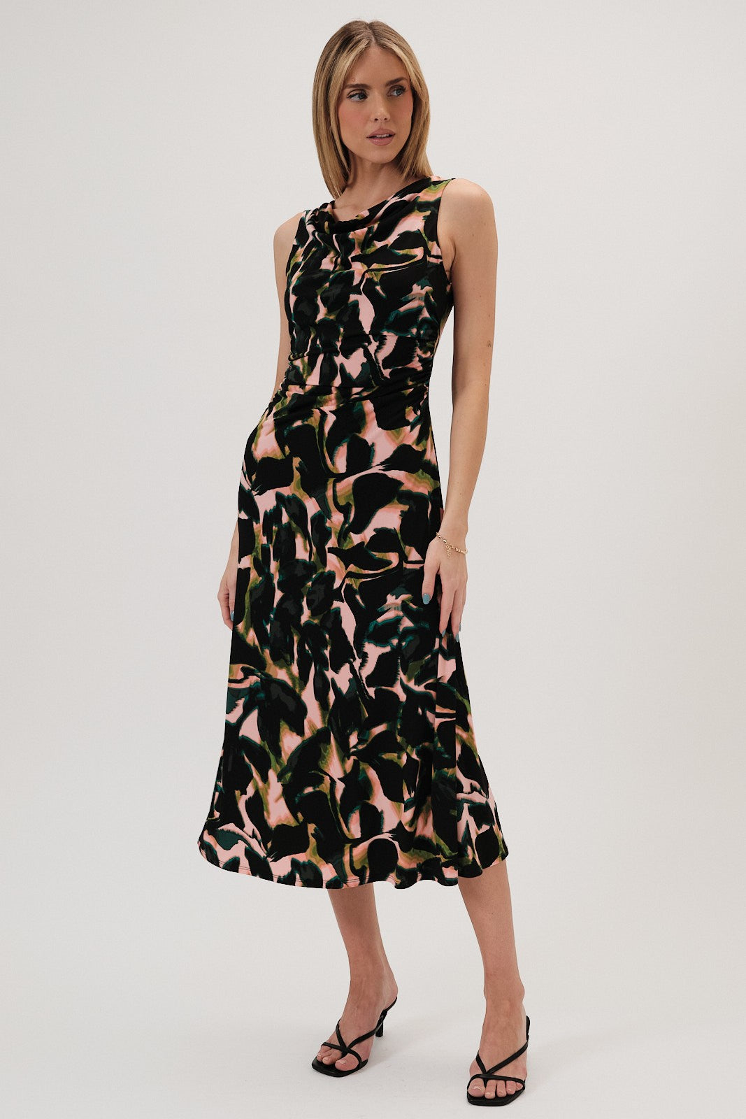 Cowl Neck Sleeveless Ruched Midi Dress
