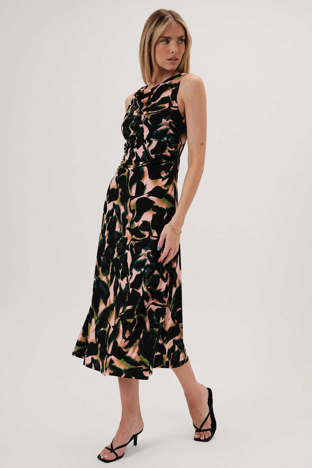 Cowl Neck Sleeveless Ruched Midi Dress