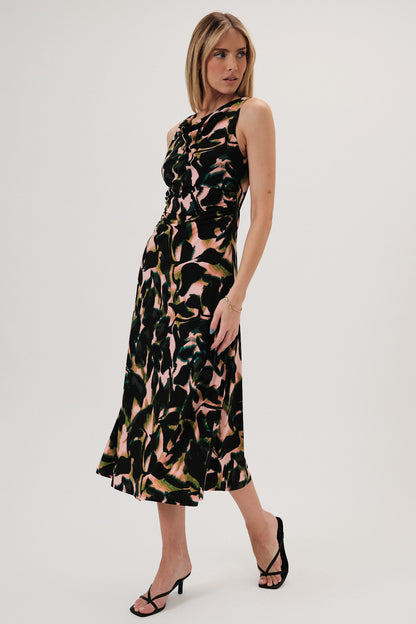 Cowl Neck Sleeveless Ruched Midi Dress