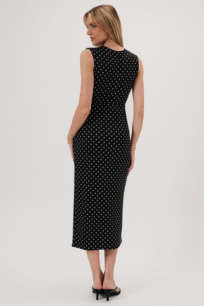 V-Neck Sleeveless Polka Dot Midi Dress