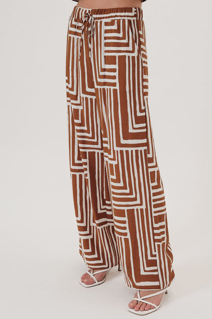 Elastic Waist Tie Geo Print Pants