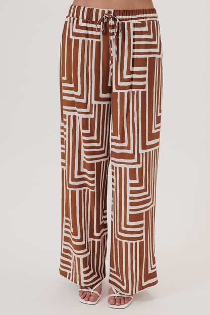 Elastic Waist Tie Geo Print Pants