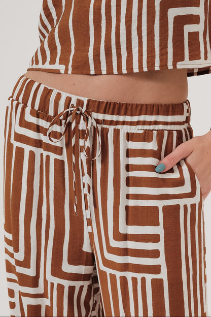 Elastic Waist Tie Geo Print Pants