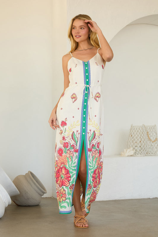 Floral Border Print Button Front Dress