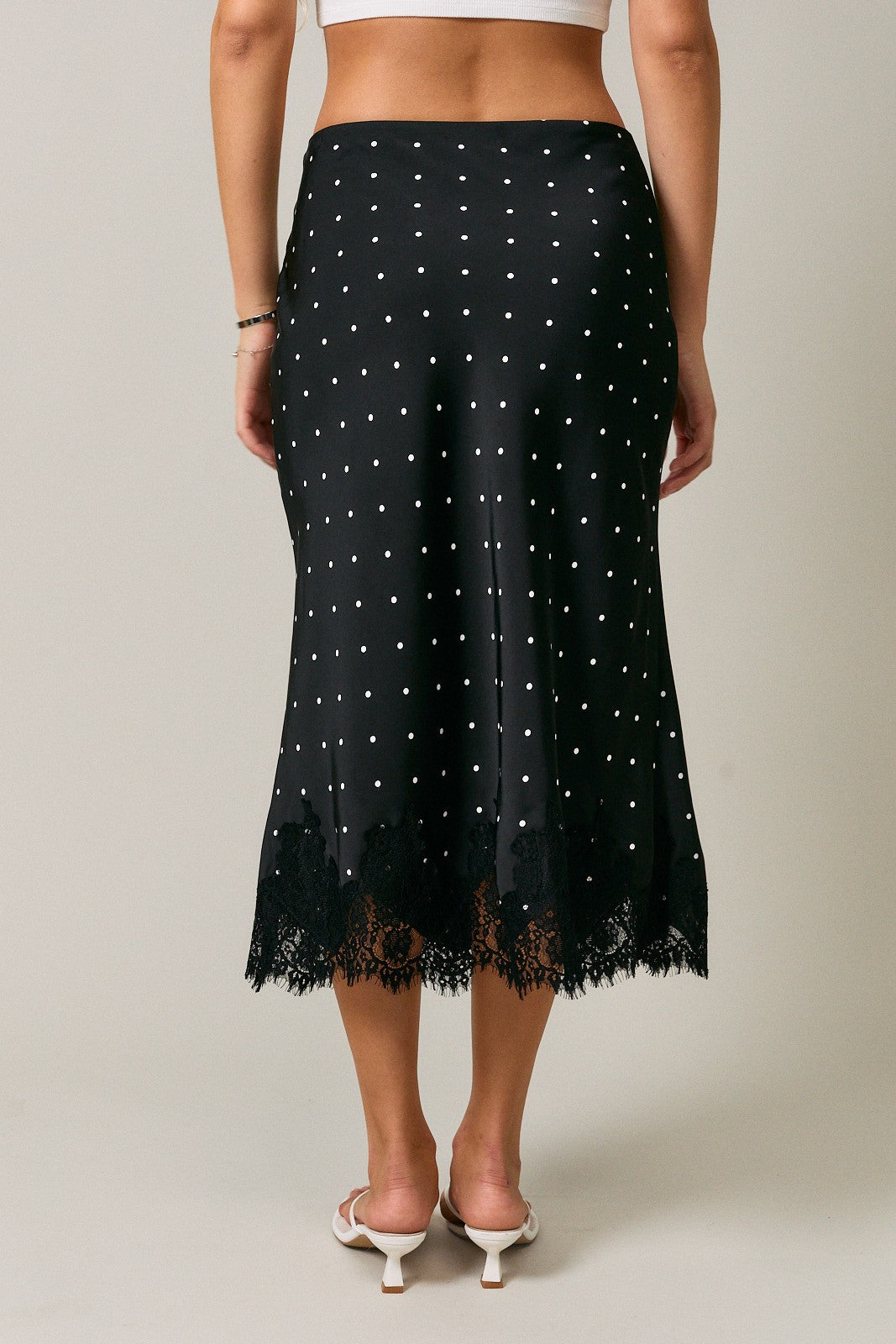 Lace Trim Bias Cut Polka Dot Midi Skirt`