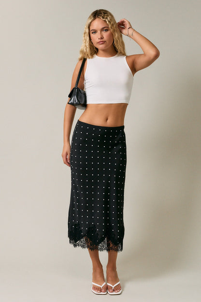 Lace Trim Bias Cut Polka Dot Midi Skirt`