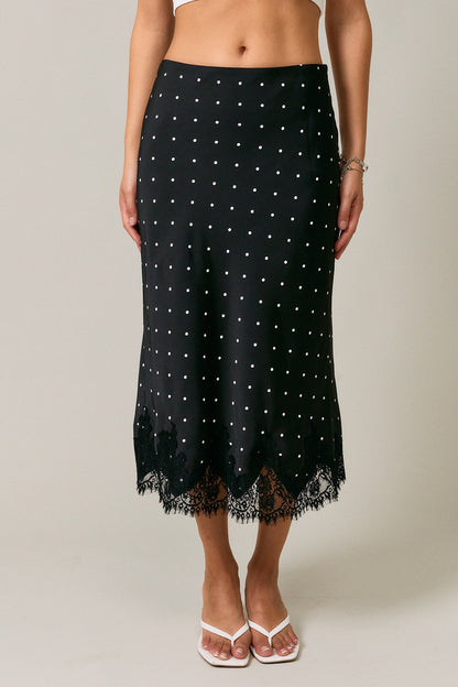 Lace Trim Bias Cut Polka Dot Midi Skirt`