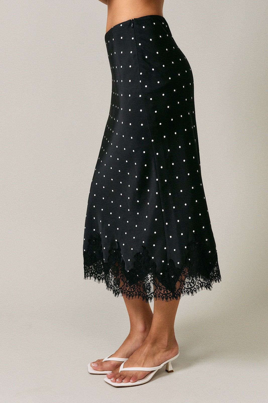 Lace Trim Bias Cut Polka Dot Midi Skirt`
