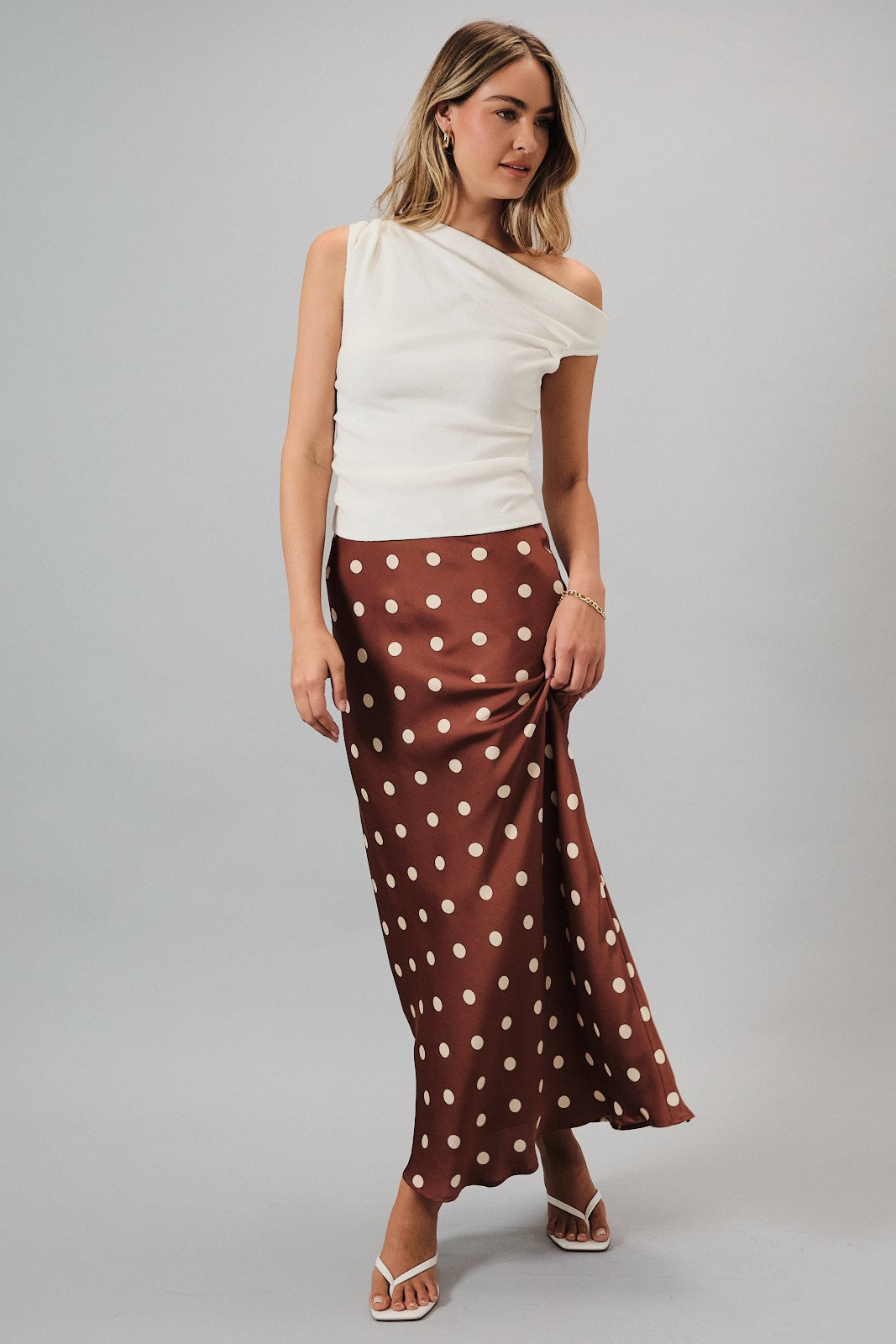 Polka Dot Satin Midi Skirt