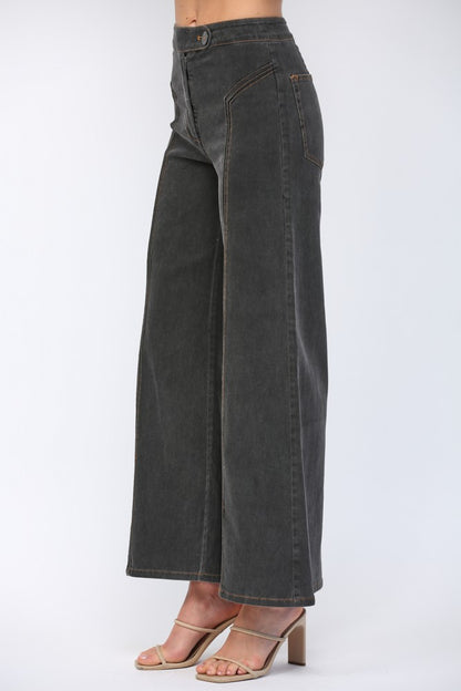 Wide Leg Jeans with Seam Detail Black