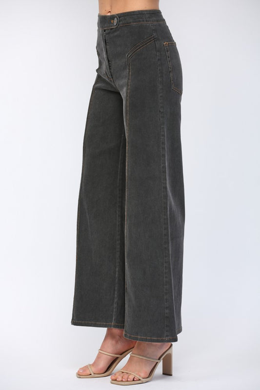 Wide Leg Jeans with Seam Detail Black