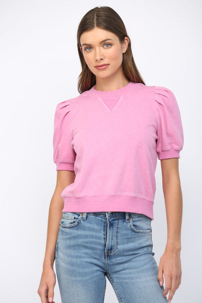 Bubble Sleeve Crew Neck Top
