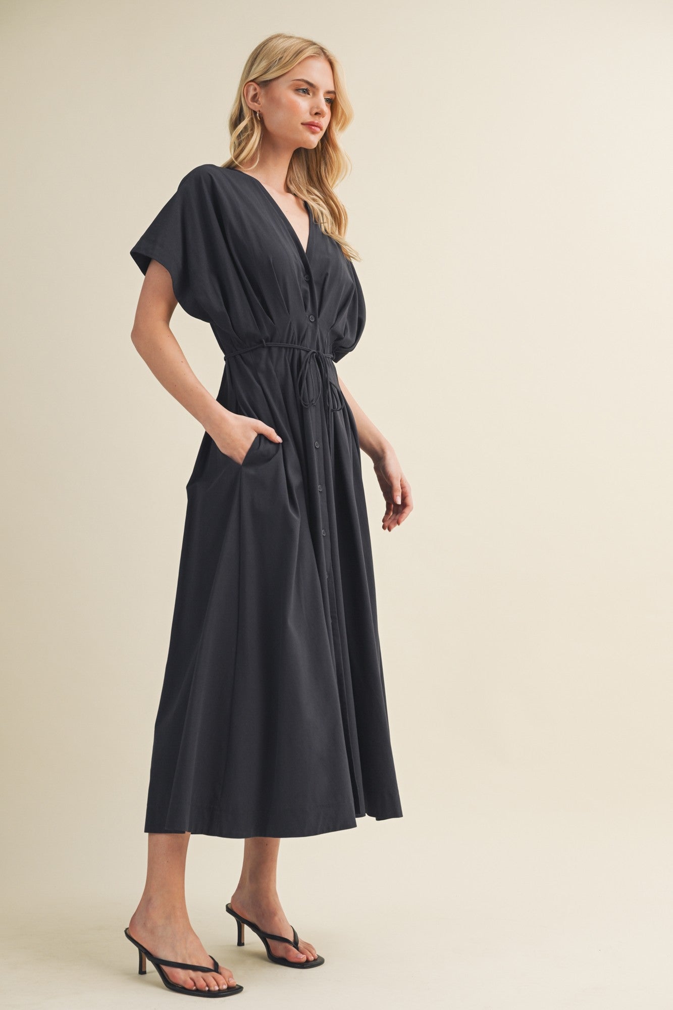 Drawstring Waist Dolman Sleeve Dress