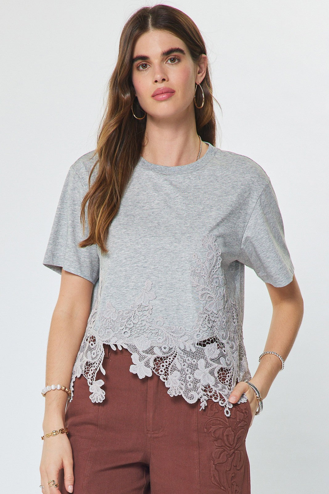 Cotton Blend Lace Hem Cropped Top Heather Grey