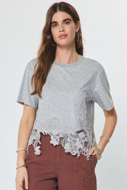 Cotton Blend Lace Hem Cropped Top Heather Grey