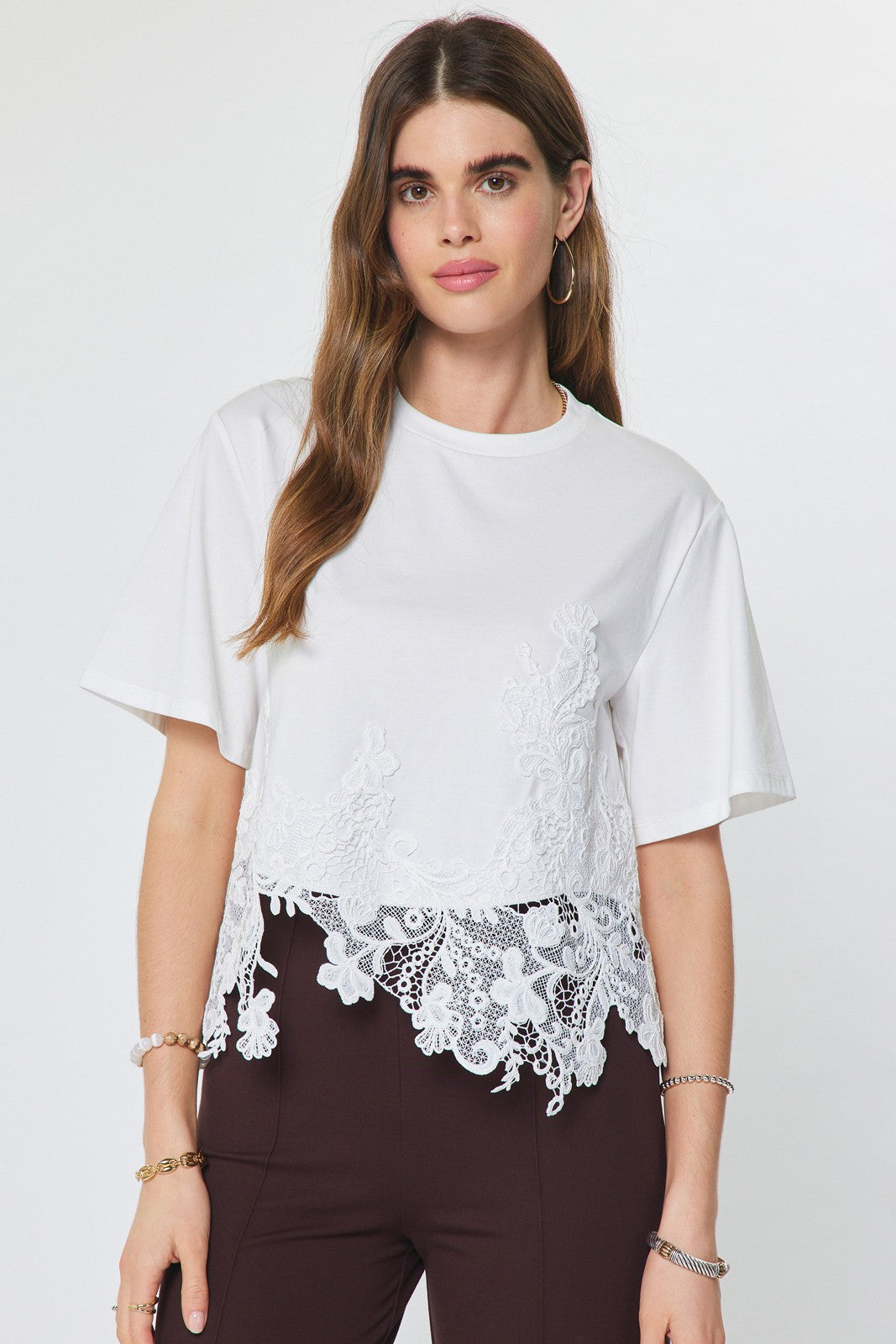 Cotton Blend Lace Hem Cropped Top