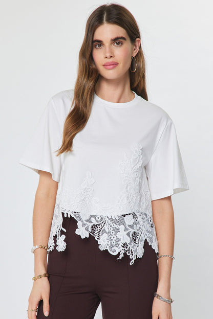 Cotton Blend Lace Hem Cropped Top