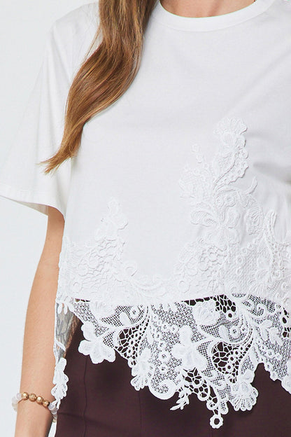 Cotton Blend Lace Hem Cropped Top