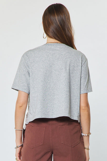 Cotton Blend Lace Hem Cropped Top Heather Grey