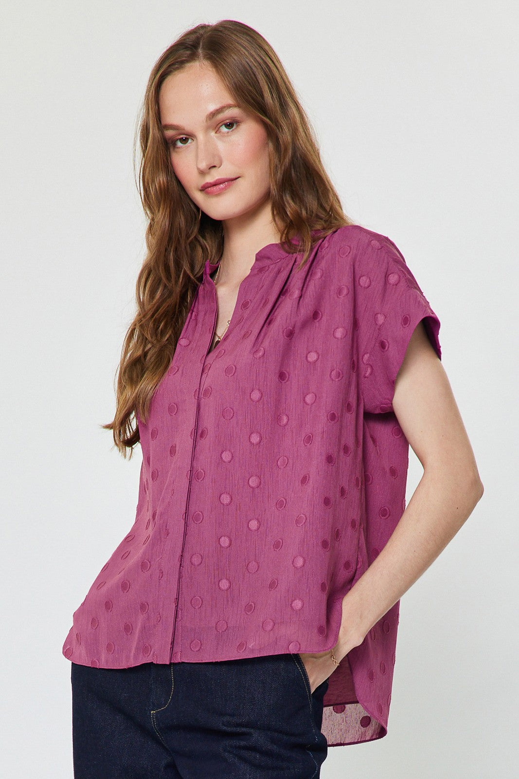 Dot Cap Sleeve Button Up Blouse