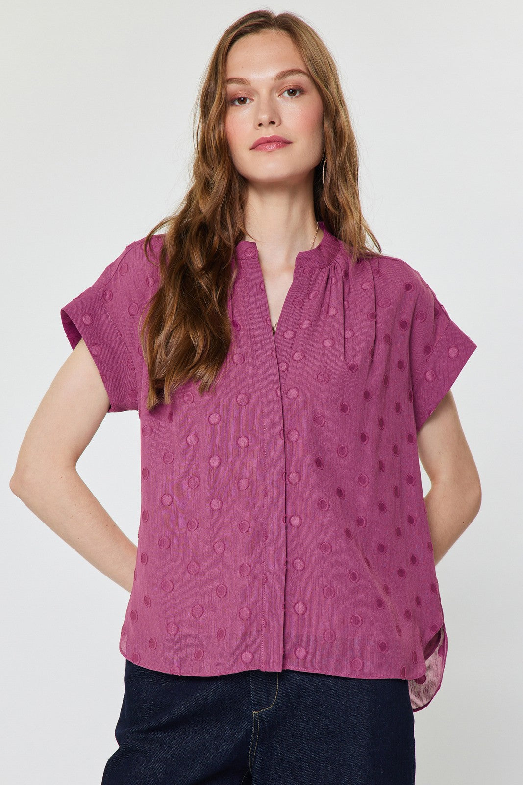 Dot Cap Sleeve Button Up Blouse