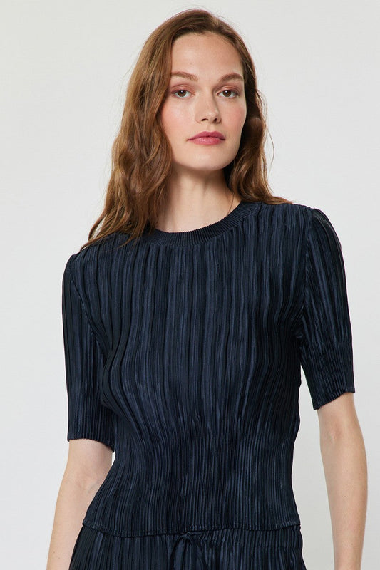Crinkle Pleated Fitted Short Sleeve Top