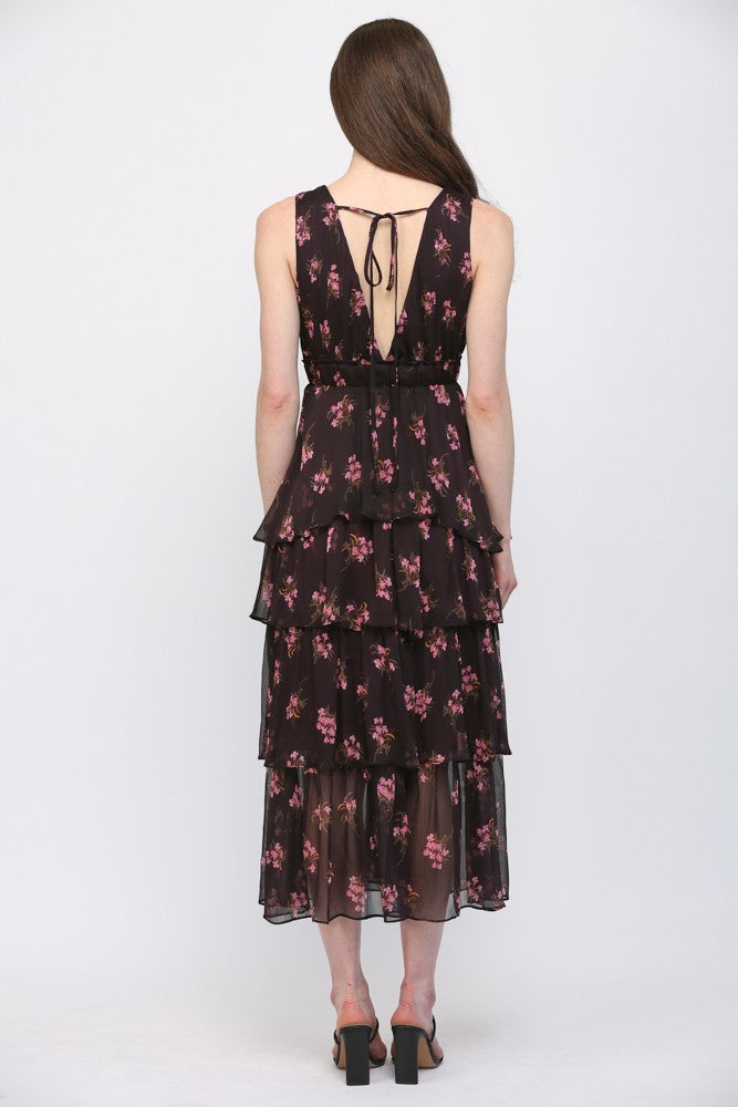 Floral Pleated Bodice Tiered Dress