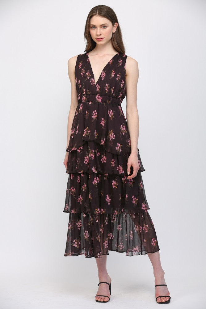 Floral Pleated Bodice Tiered Dress