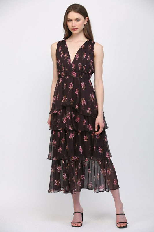 Floral Pleated Bodice Tiered Dress