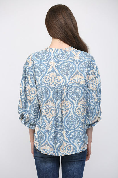 Damask Print Balloon Sleeve Blouse