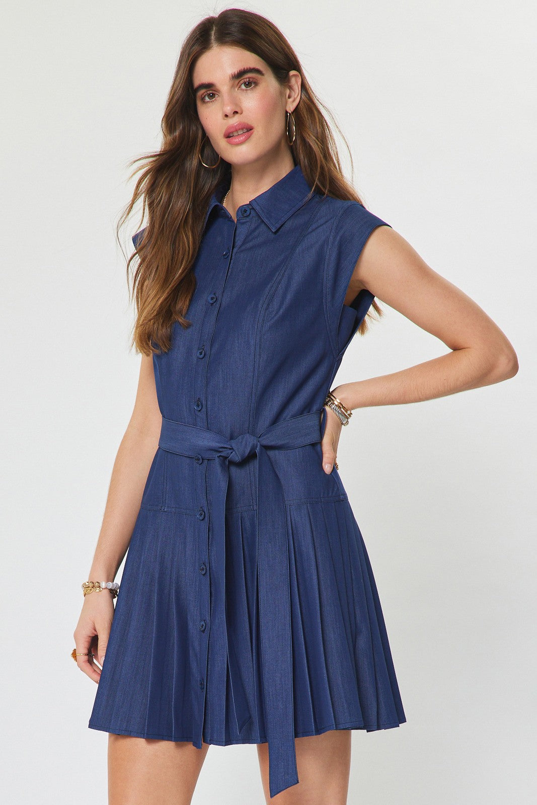 Denim Button Down Pleated Mini Dress