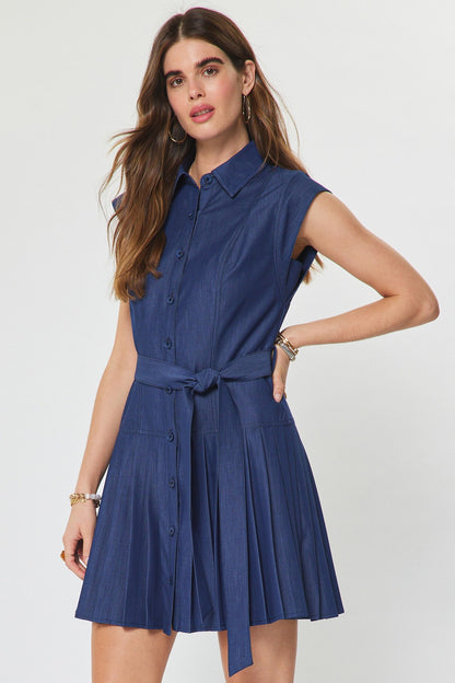 Denim Button Down Pleated Mini Dress