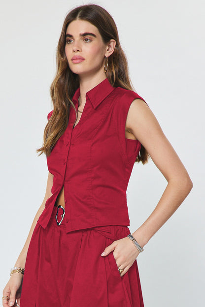 Cap Sleeve Cropped Button Down Crimson Red