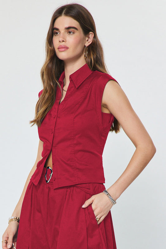 Cap Sleeve Cropped Button Down Crimson Red