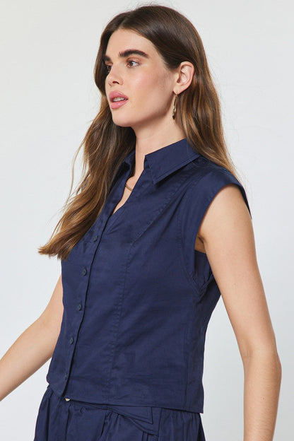 Cap Sleeve Cropped Button Down Navy
