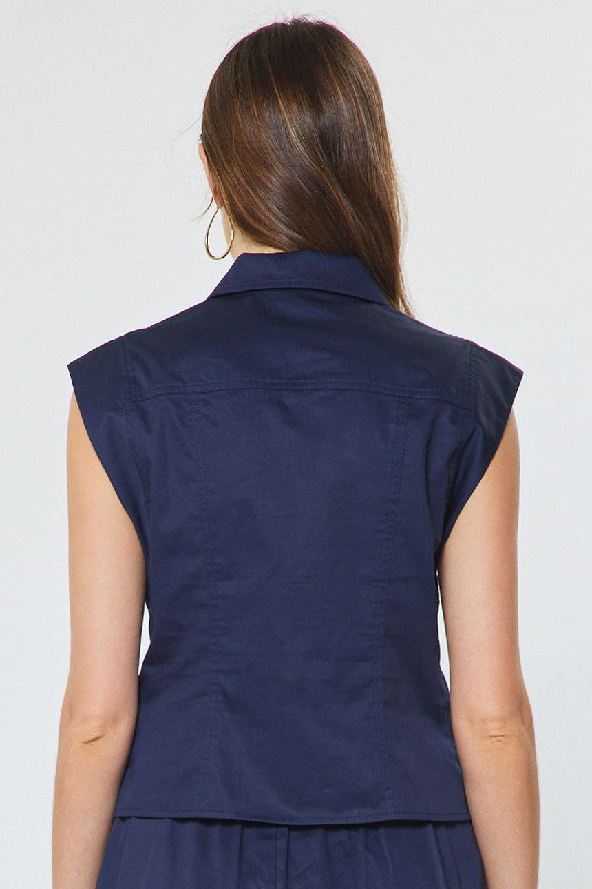Cap Sleeve Cropped Button Down Navy