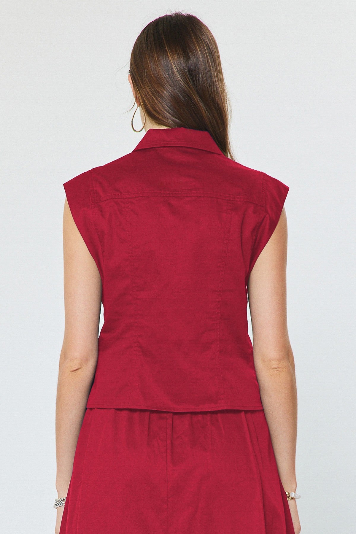 Cap Sleeve Cropped Button Down Crimson Red