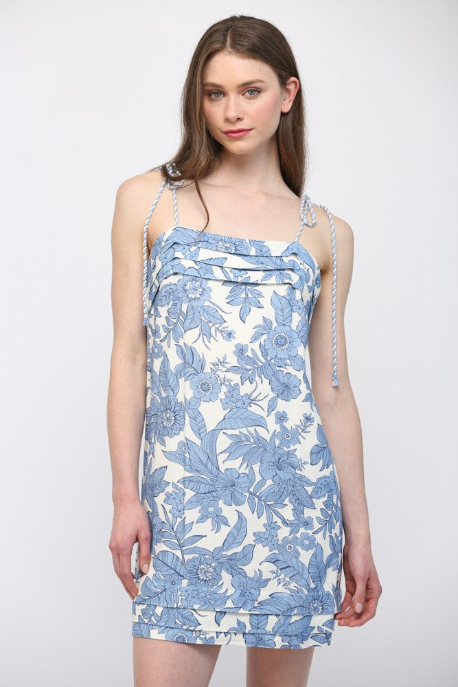 Floral Linen Blend Tuck Detail Dress