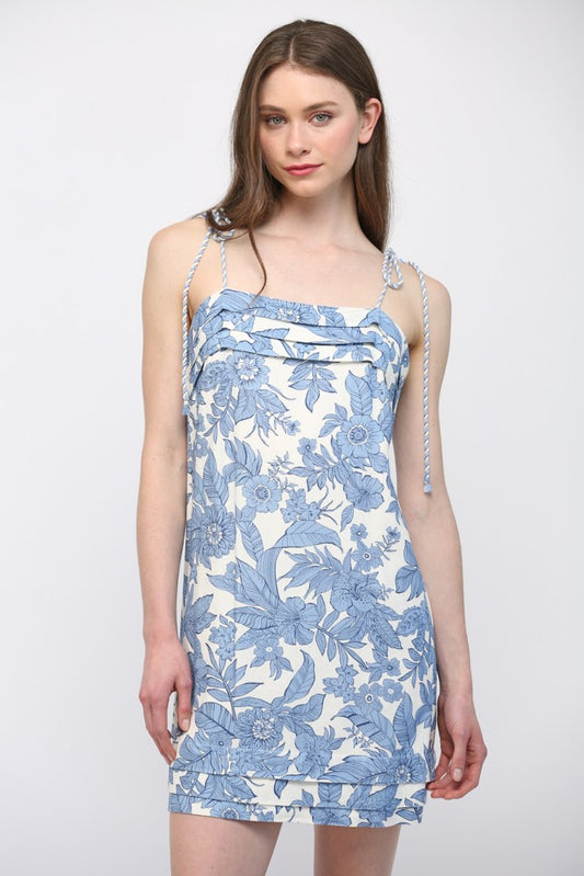 Floral Linen Blend Tuck Detail Dress