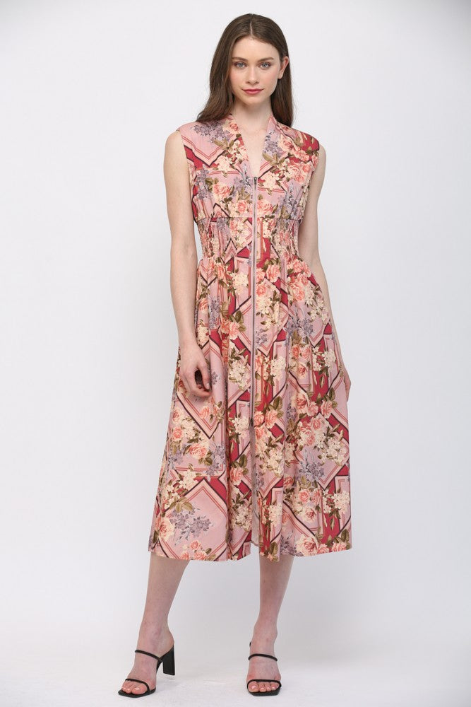 Scarf Print Front Zip Midi Dress