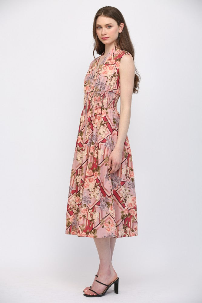 Scarf Print Front Zip Midi Dress
