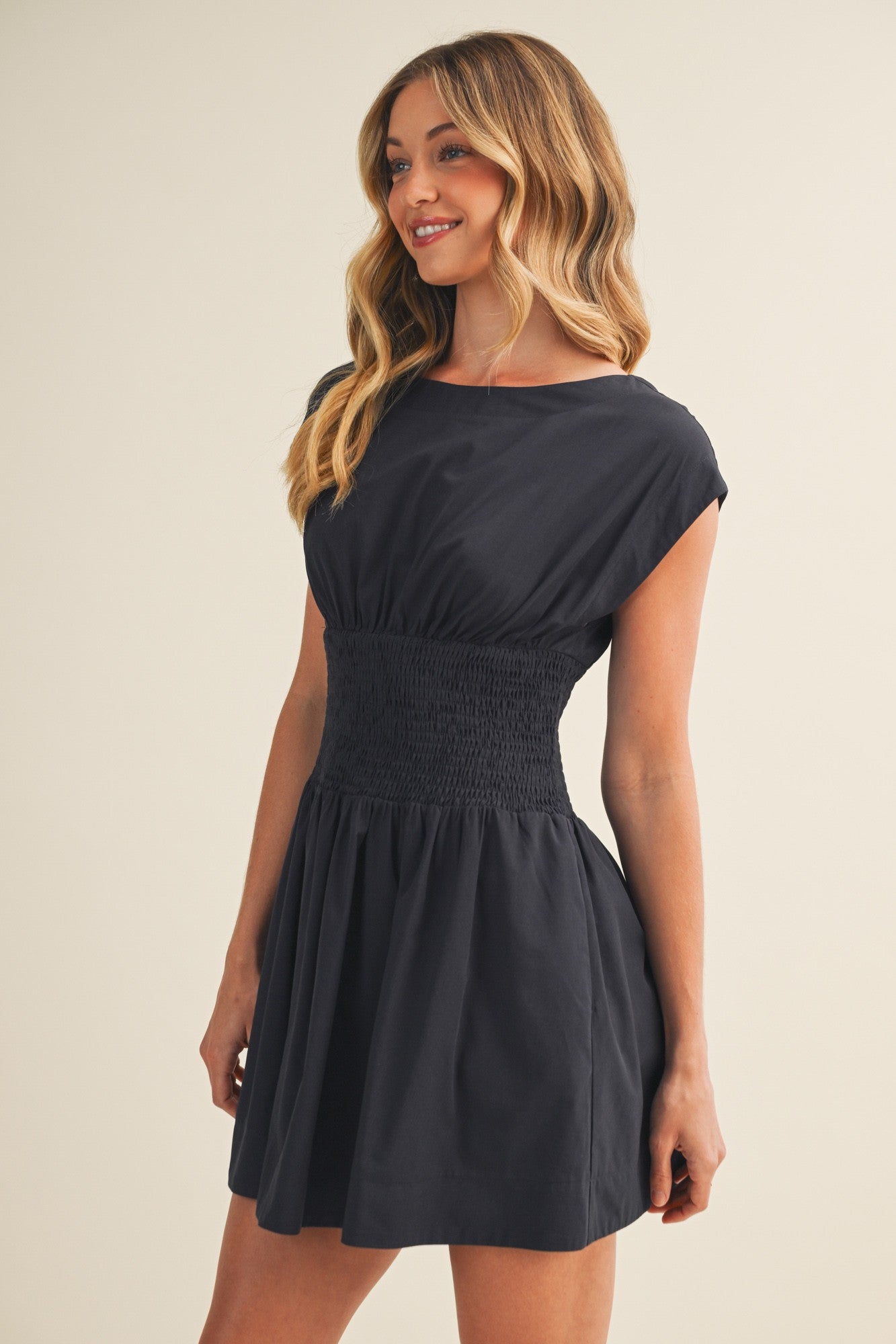 Smocked-Waist Blouson Poplin Dress