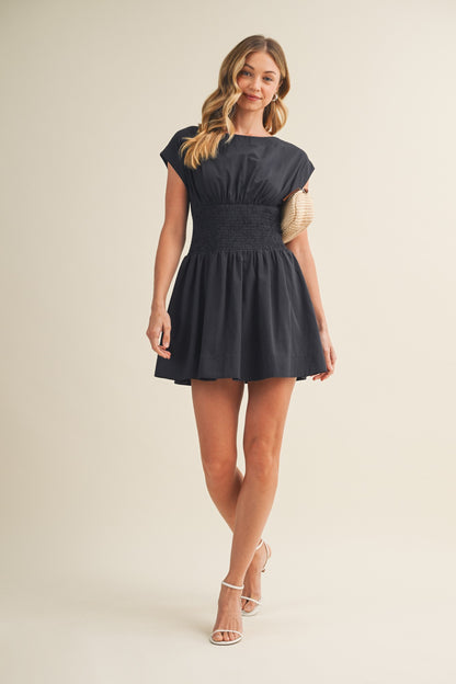 Smocked-Waist Blouson Poplin Dress