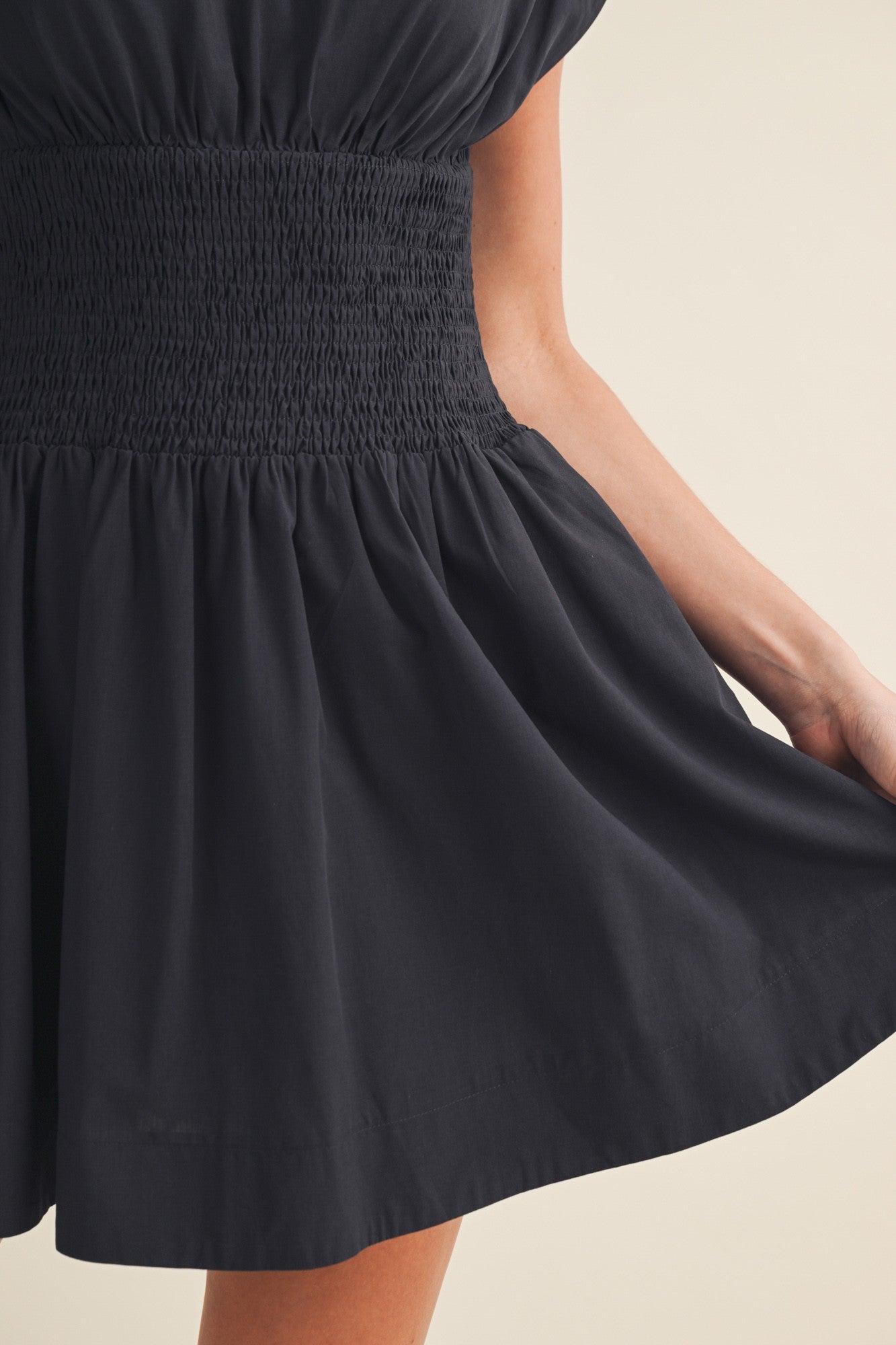 Smocked-Waist Blouson Poplin Dress