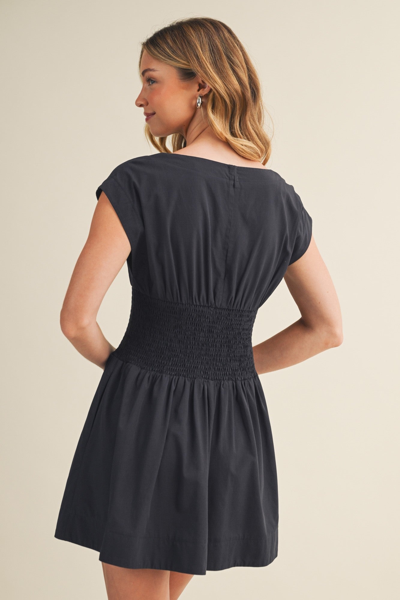 Smocked-Waist Blouson Poplin Dress