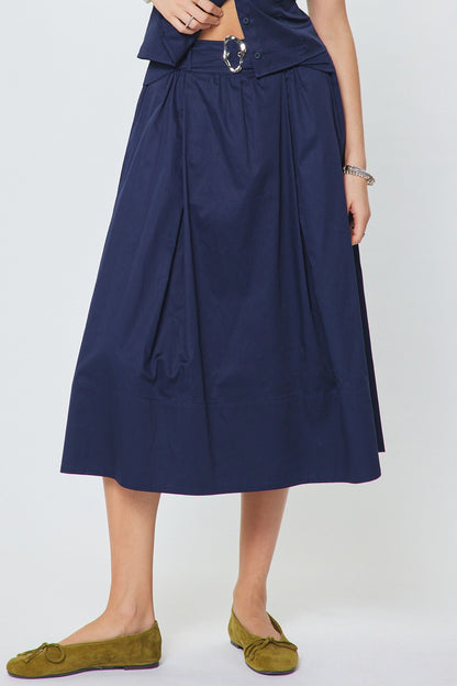 Cotton A-line Midi Skirt with Buckle Belt