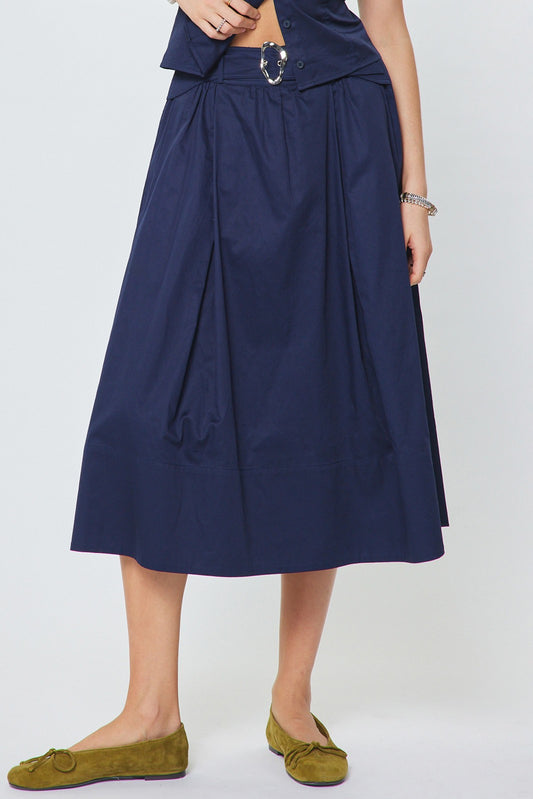 Cotton A-line Midi Skirt with Buckle Belt