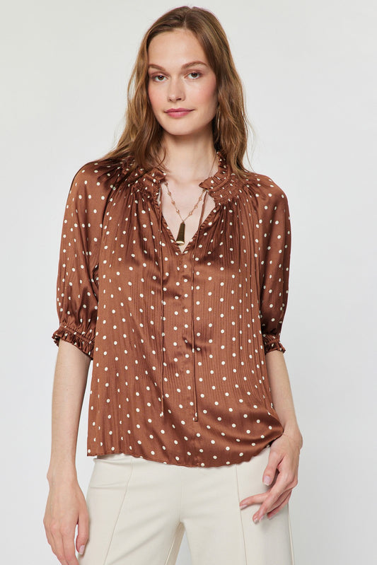 Polka Dot Pleated Short Sleeve Blouse