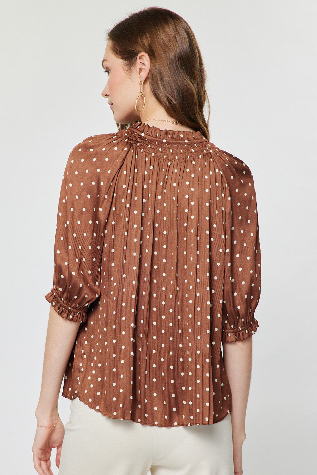 Polka Dot Pleated Short Sleeve Blouse
