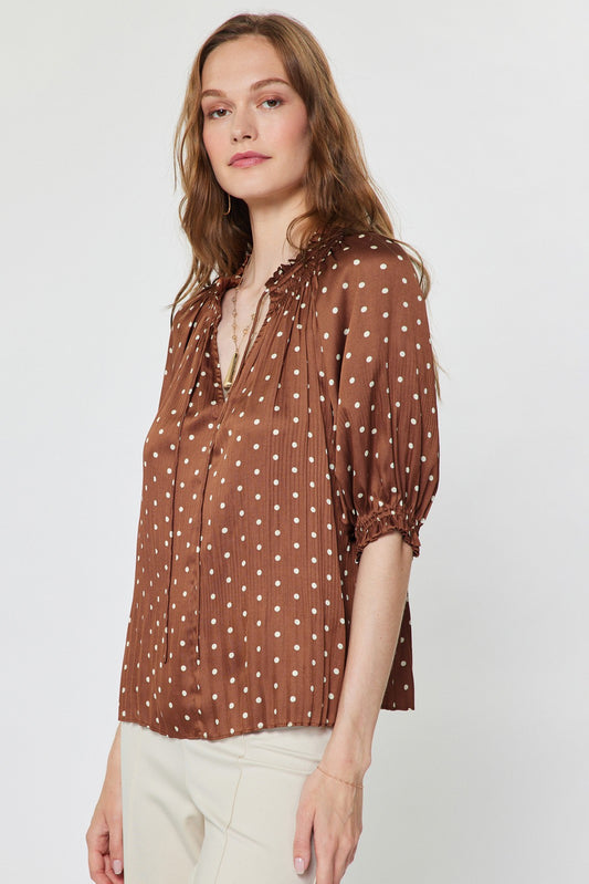 Polka Dot Pleated Short Sleeve Blouse
